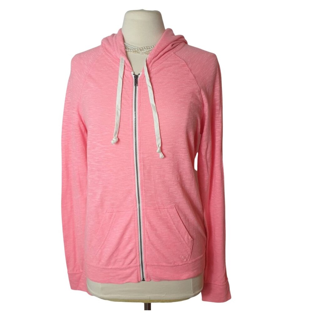 American Eagle Womens Hoodie Jacket L Pink Neon Zip-Up Pockets Lightweight Grung